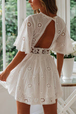 White backless hollow fringed lace dress