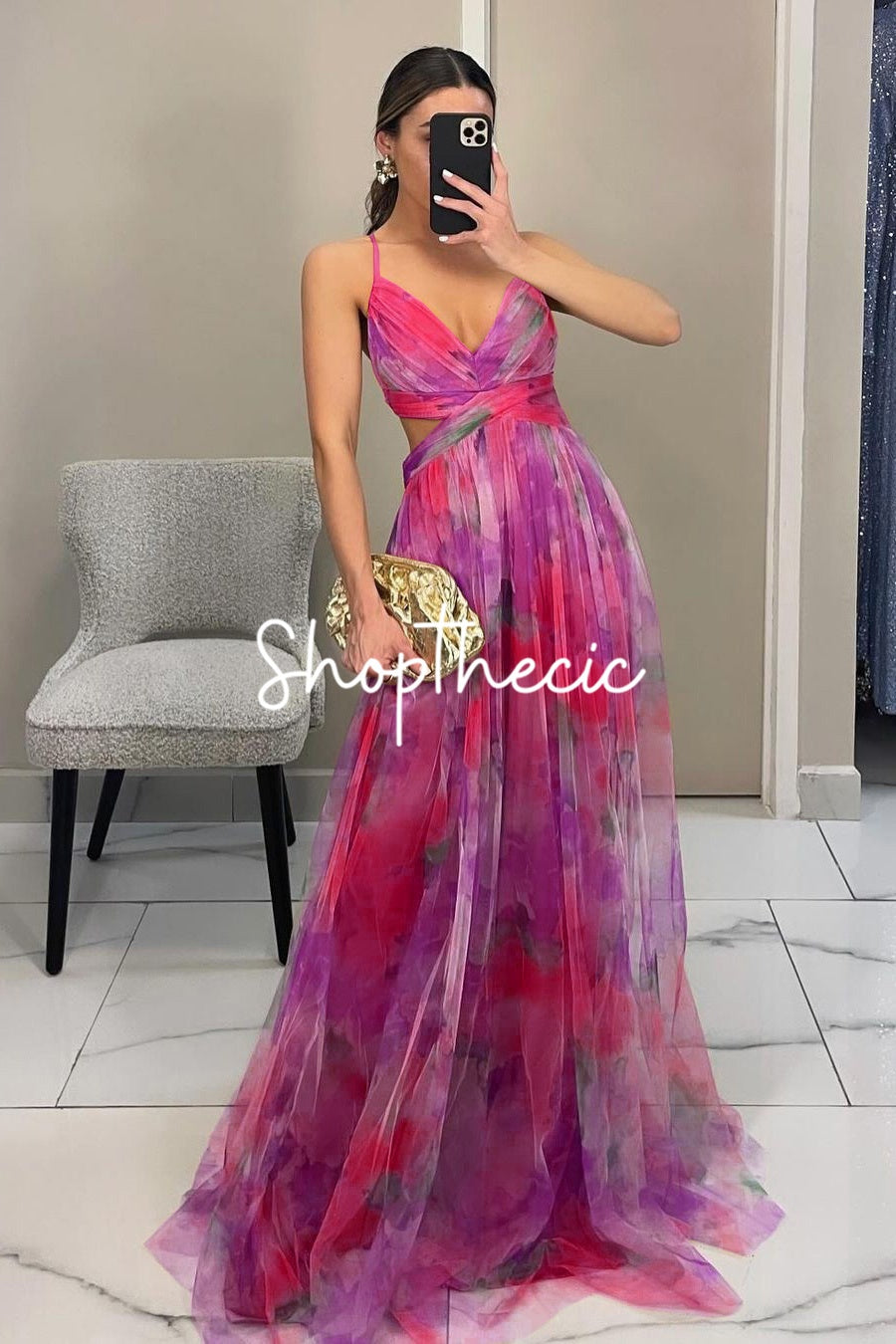 Mesh Printed Spaghetti Strap Vacation Maxi Dress