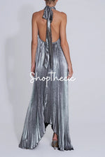 Silver sleeveless backless halter neck dress