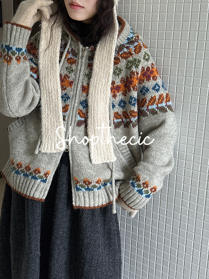 Fair Isle color-blocked hooded jacquard knit cardigan