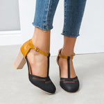 Vintage Color Block Sandals Casual Chunky Heel Buckle Shoes