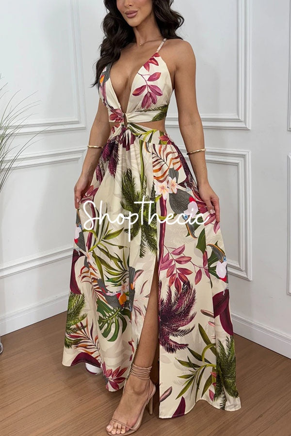 Deep V-neck halter floral backless dress