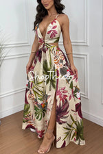 Deep V-neck halter floral backless dress