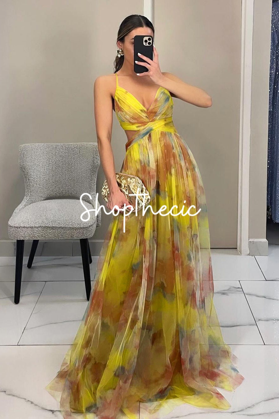 Mesh Printed Spaghetti Strap Vacation Maxi Dress