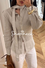 Tie-waist cotton linen blouse with ribbon