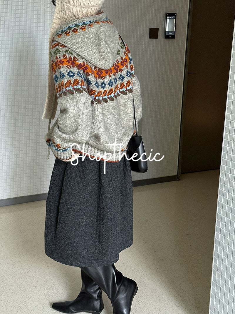 Fair Isle color-blocked hooded jacquard knit cardigan