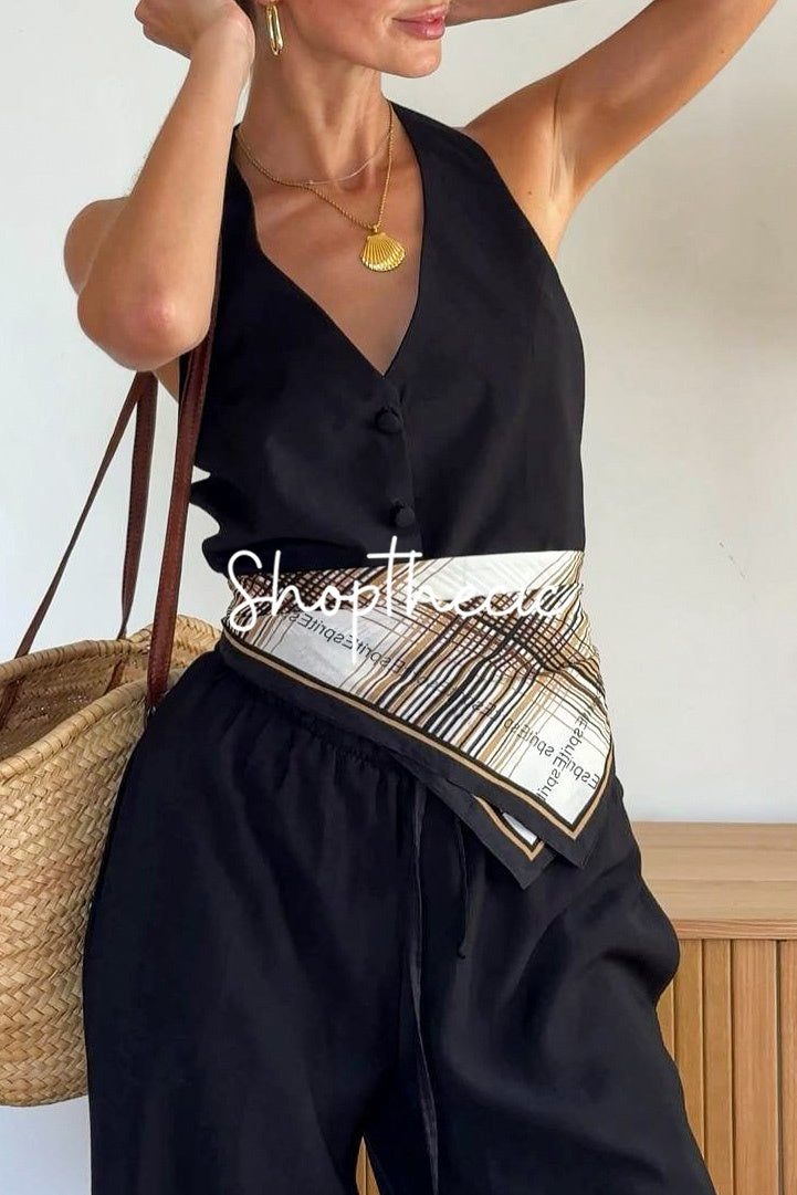 V-neck backless vest and wide-leg pants two-piece set