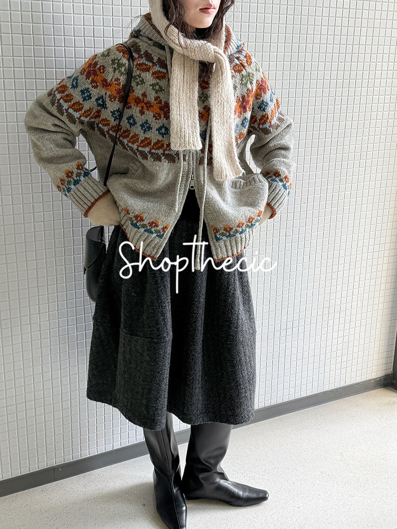 Fair Isle color-blocked hooded jacquard knit cardigan