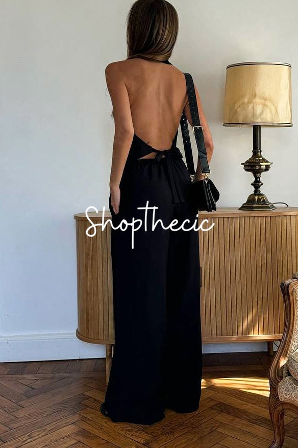 V-neck backless vest and wide-leg pants two-piece set