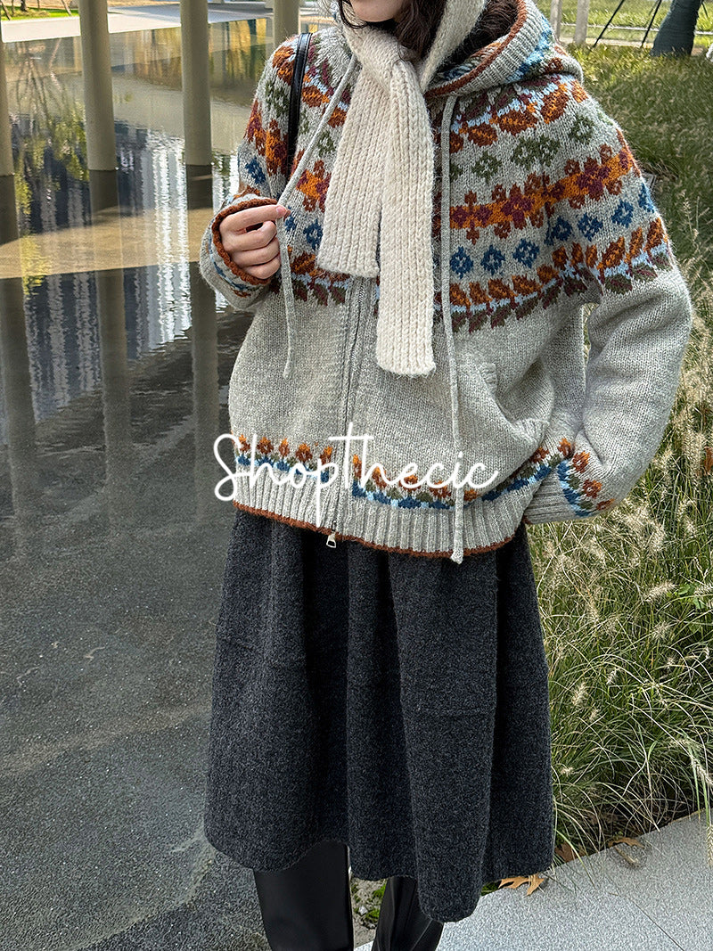 Fair Isle color-blocked hooded jacquard knit cardigan