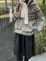 Fair Isle color-blocked hooded jacquard knit cardigan
