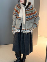 Fair Isle color-blocked hooded jacquard knit cardigan
