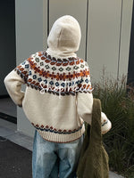 Fair Isle color-blocked hooded jacquard knit cardigan