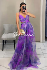 Mesh Printed Spaghetti Strap Vacation Maxi Dress