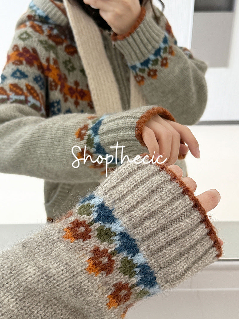 Fair Isle color-blocked hooded jacquard knit cardigan