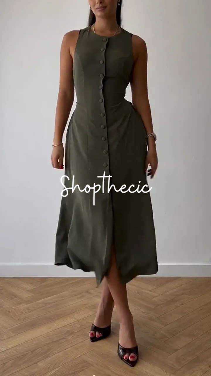Round neck sleeveless single-breasted fitted waist belted maxi dress