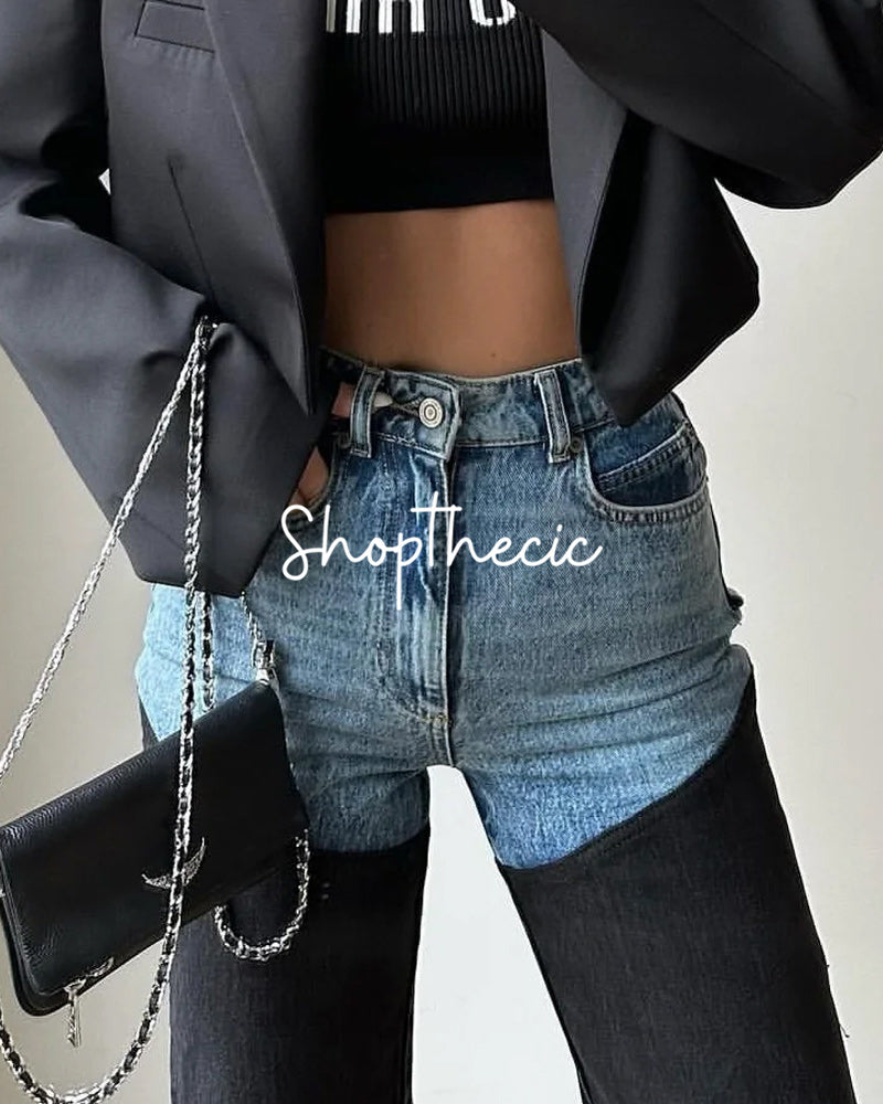 Stylish color-blocked straight-leg distressed jeans