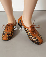 Retro leopard lace-up round toe low-heeled loafers