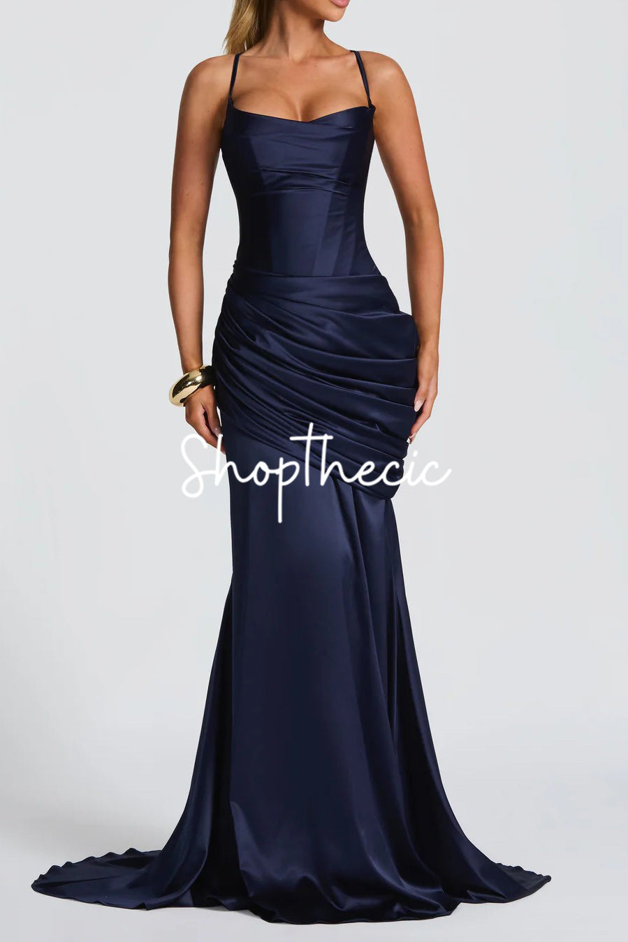 Navy spaghetti strap fitted satin dress