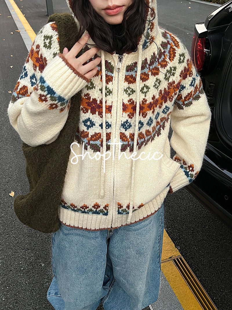 Fair Isle color-blocked hooded jacquard knit cardigan