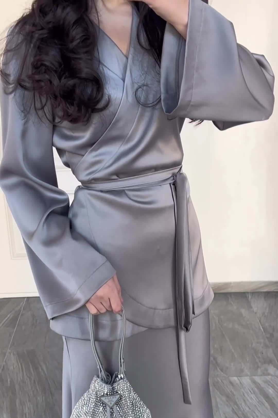 Satin patchwork waist-cinching top and skirt set