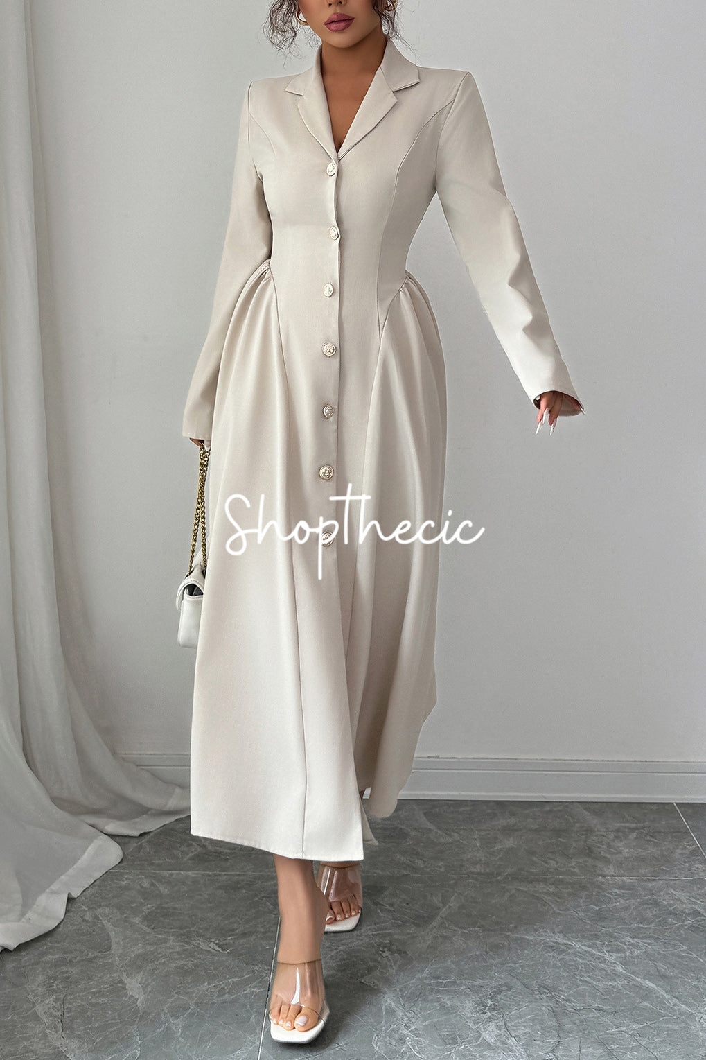 Elegant apricot deep V-neck collared long-sleeved dress