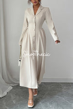 Elegant apricot deep V-neck collared long-sleeved dress