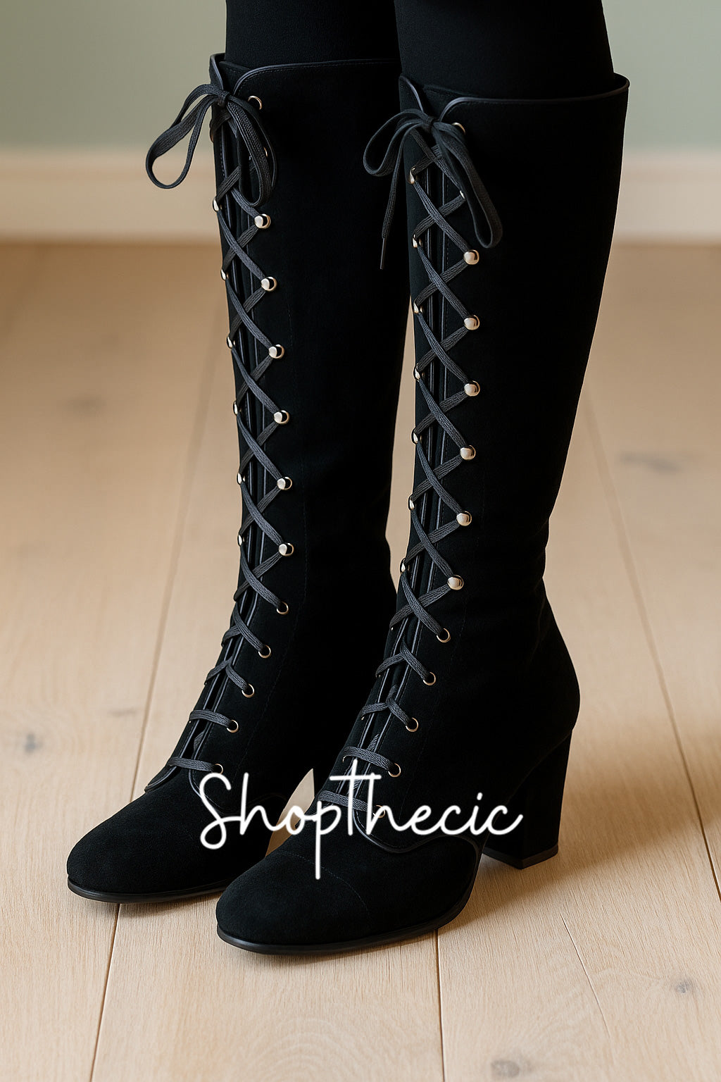 Square toe lace-up block heel side zipper boots