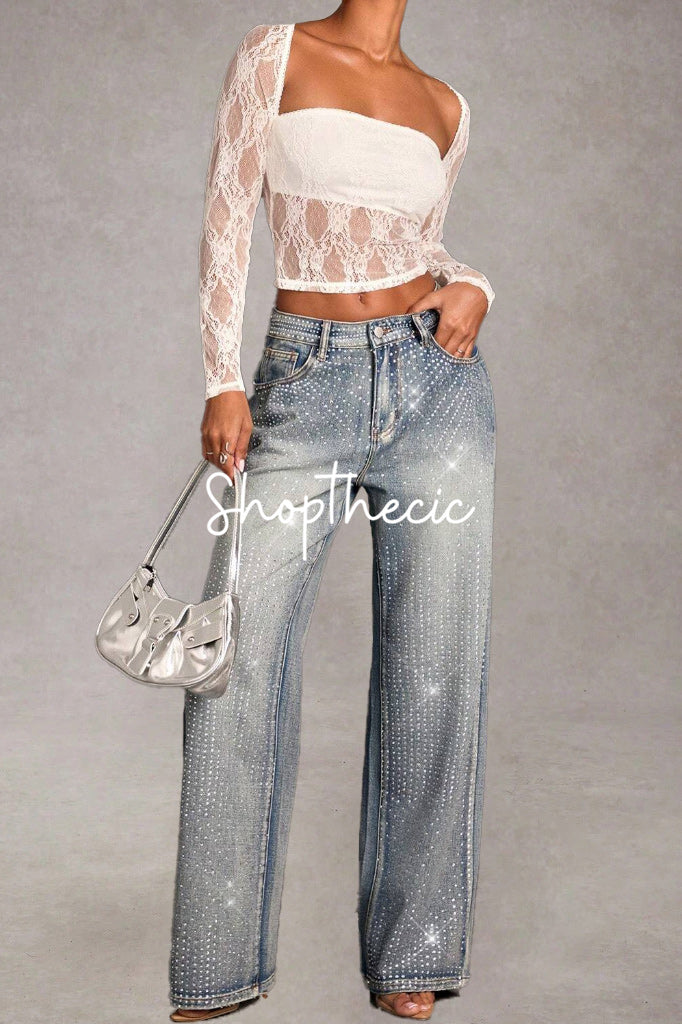 High-waisted front-rhinestone washed wide-leg Jeans