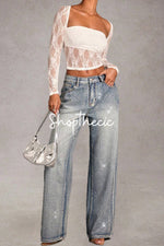 High-waisted front-rhinestone washed wide-leg Jeans