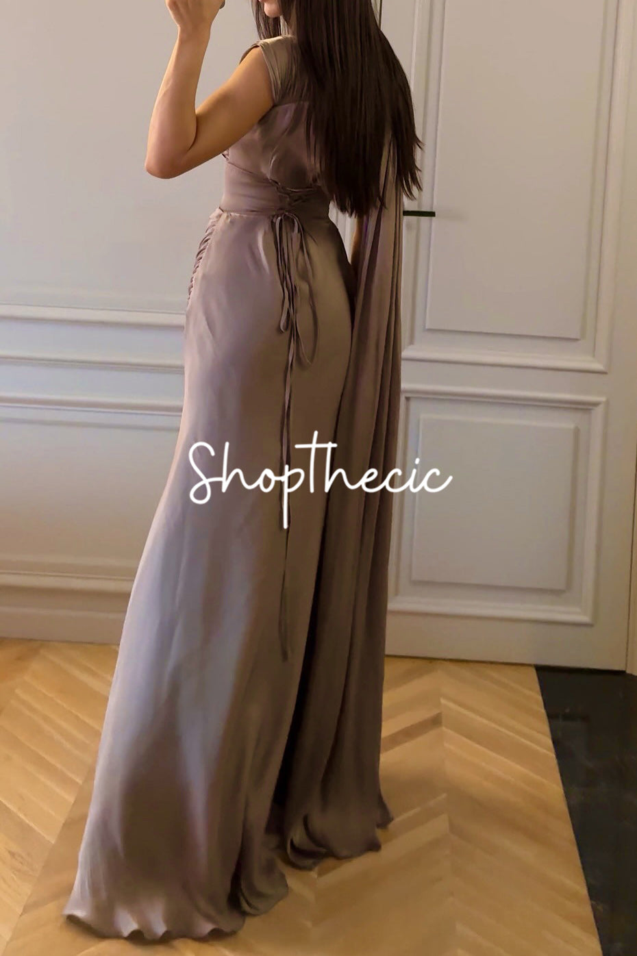 Grayish-purple pleated ribbon satin evening gown