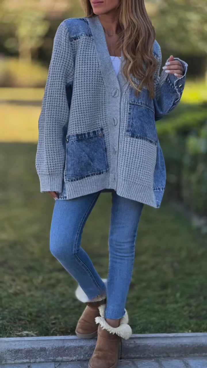 Denim patchwork knitted loose cardigan jacket