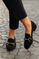 Soft suede metal buckle round toe loafers