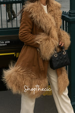 Brown plush shearling collar and sleeves Mid-length coat