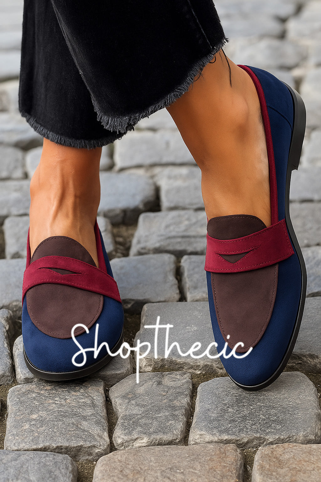 Suede color-blocked round-toe slip-on loafers