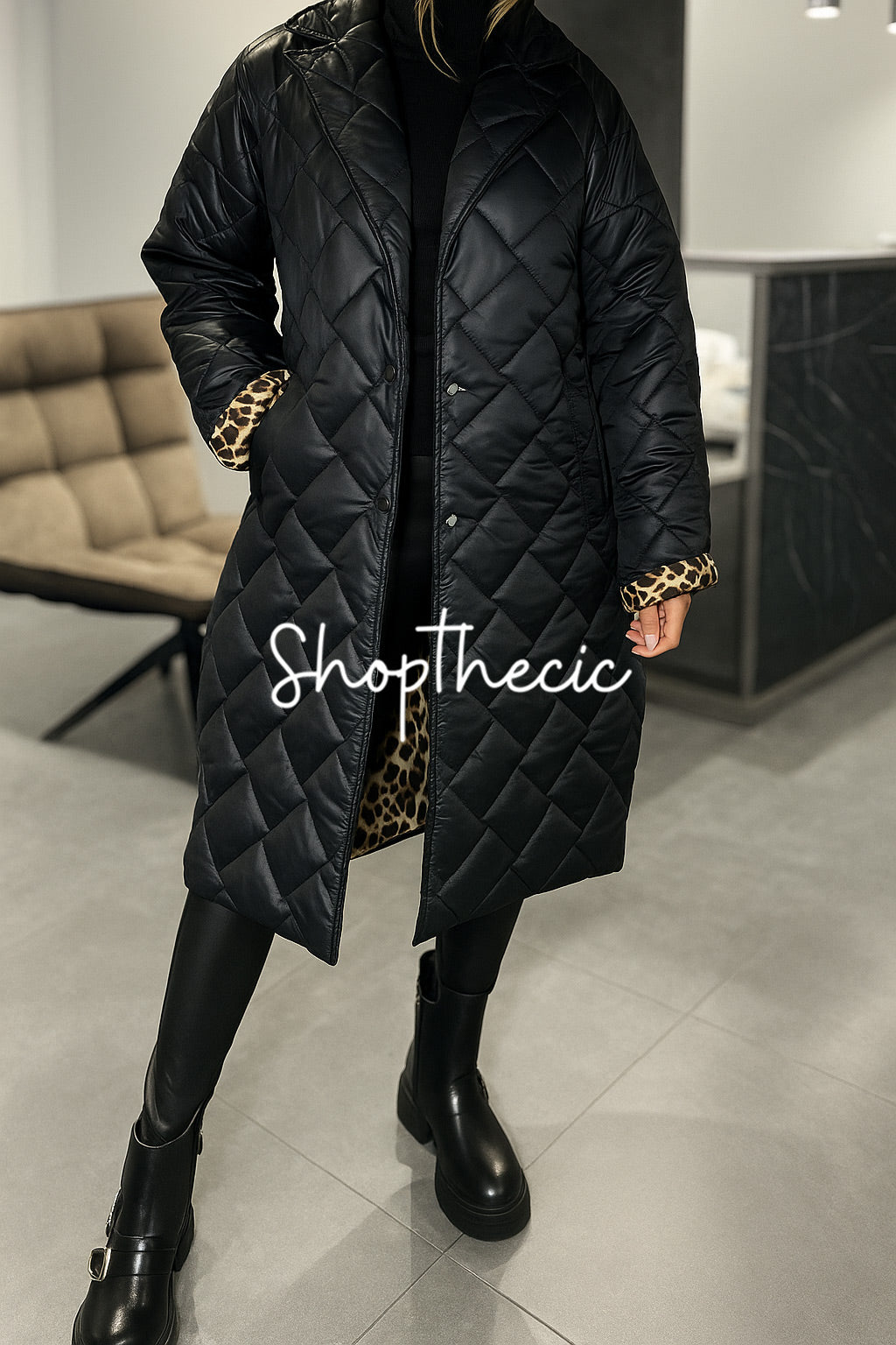 Leopard print lining diamond quilting long cotton coat