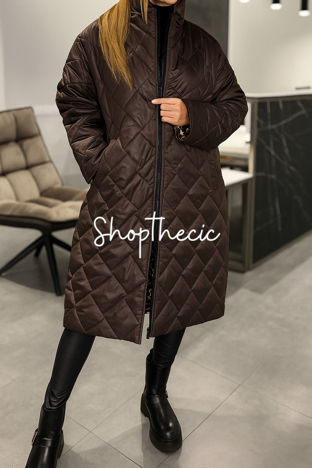 Leopard print lining diamond quilting long cotton coat