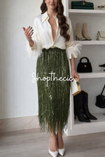 Tassel cuffs Shirt and sequined tassel skirt Two-piece set