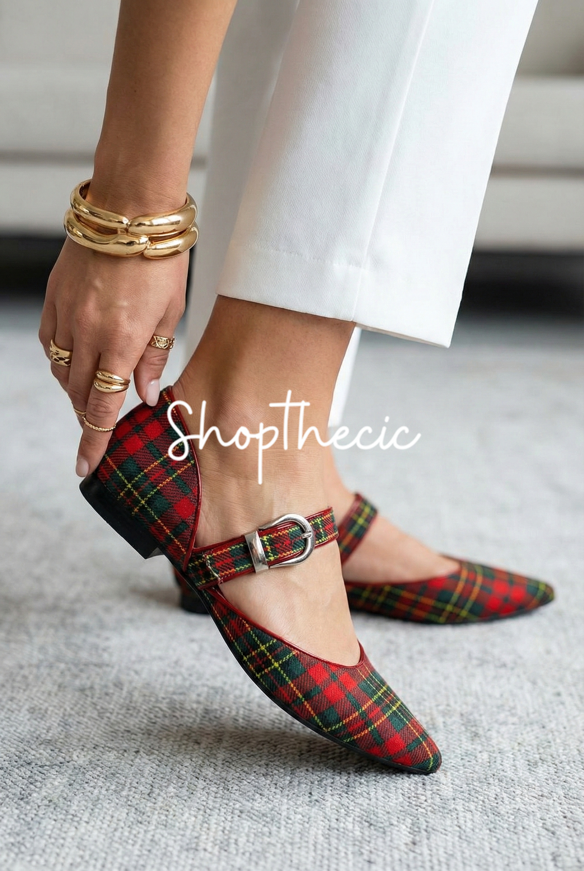 Chic red plaid pointed-toe low-heeled mules