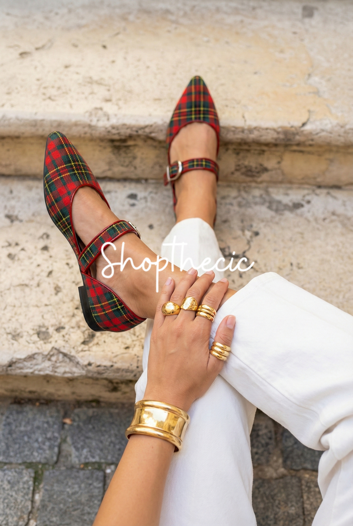 Chic red plaid pointed-toe low-heeled mules
