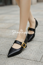 Metal buckle pointed toe strap Mary Jane shoes