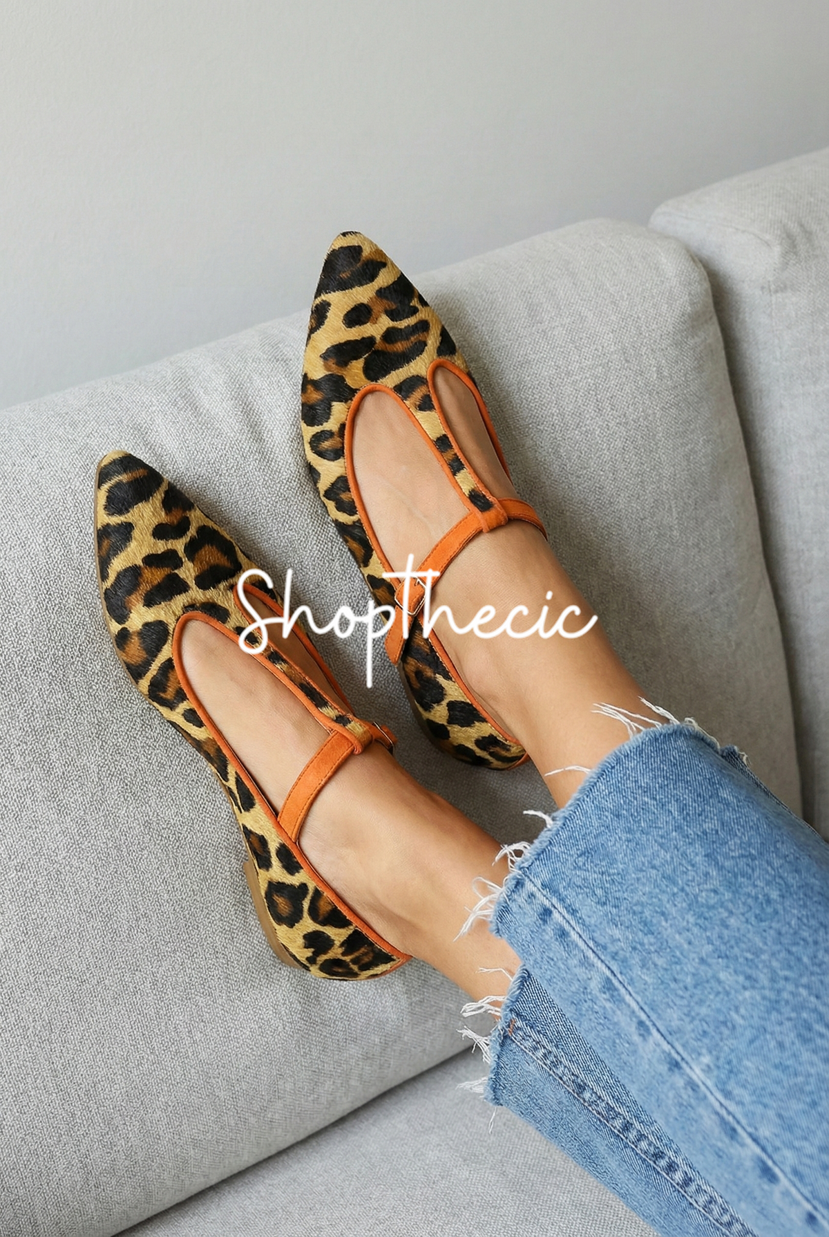 Leopard Suede Pointed toe Low heel T-strap Shoes