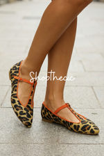 Leopard Suede Pointed toe Low heel T-strap Shoes