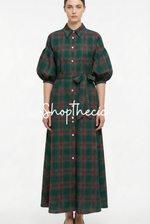 Lantern sleeve mid-length plaid shirt dress