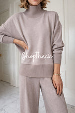 Khaki high-neck loose knit top and trousers two-piece set