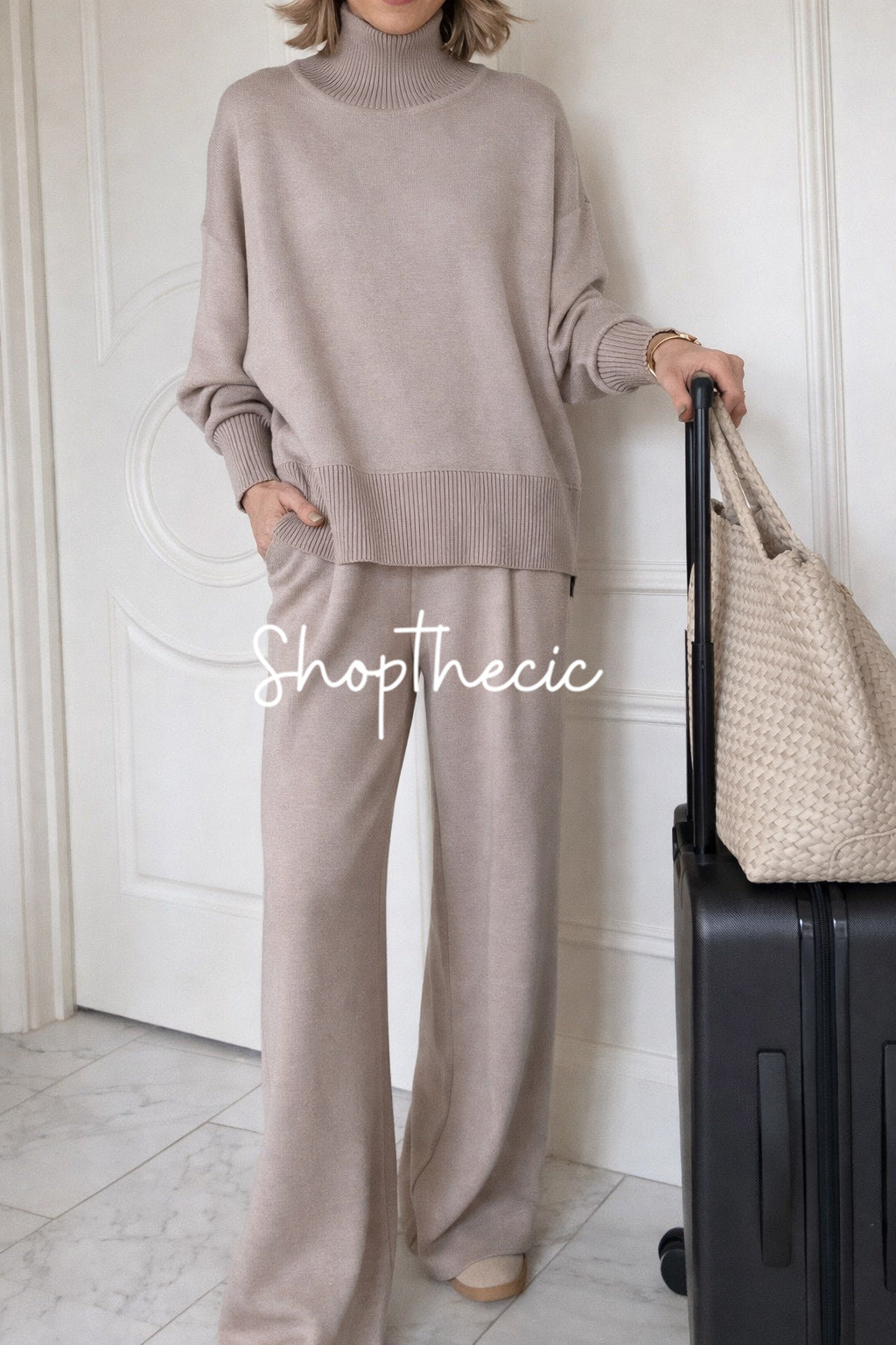 Khaki high-neck loose knit top and trousers two-piece set