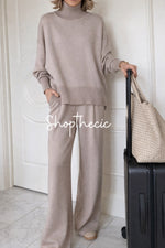 Khaki high-neck loose knit top and trousers two-piece set