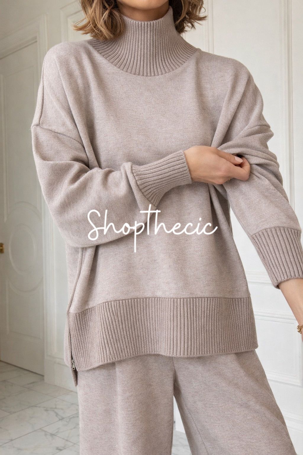 Khaki high-neck loose knit top and trousers two-piece set