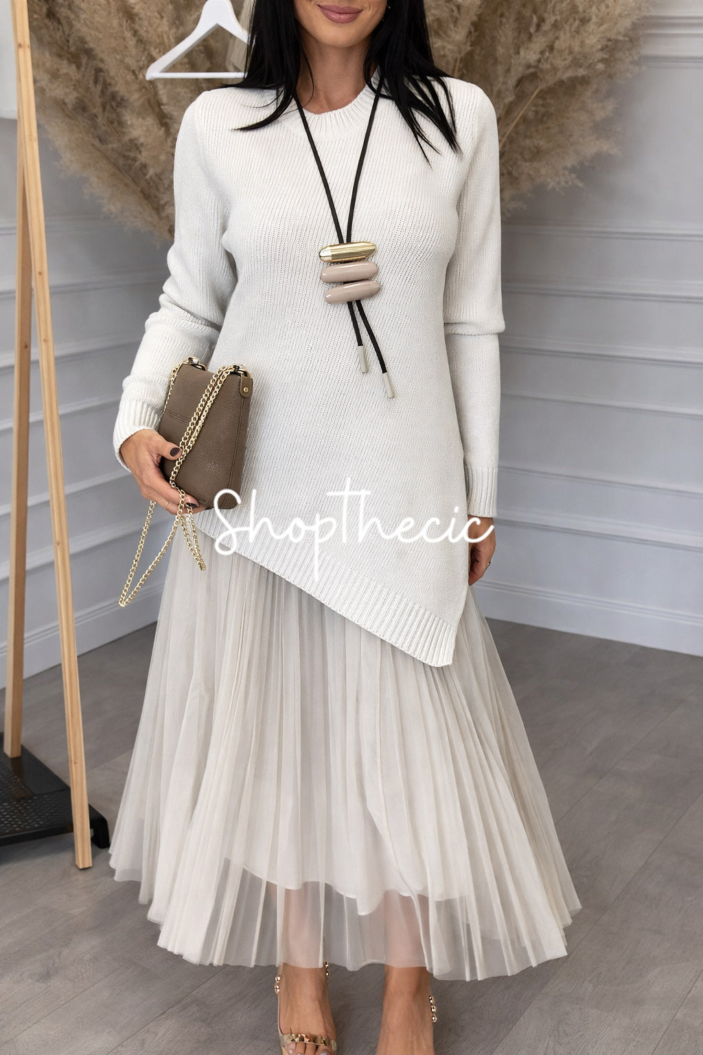 Irregular hem knit top and camisole mesh dress two-piece set