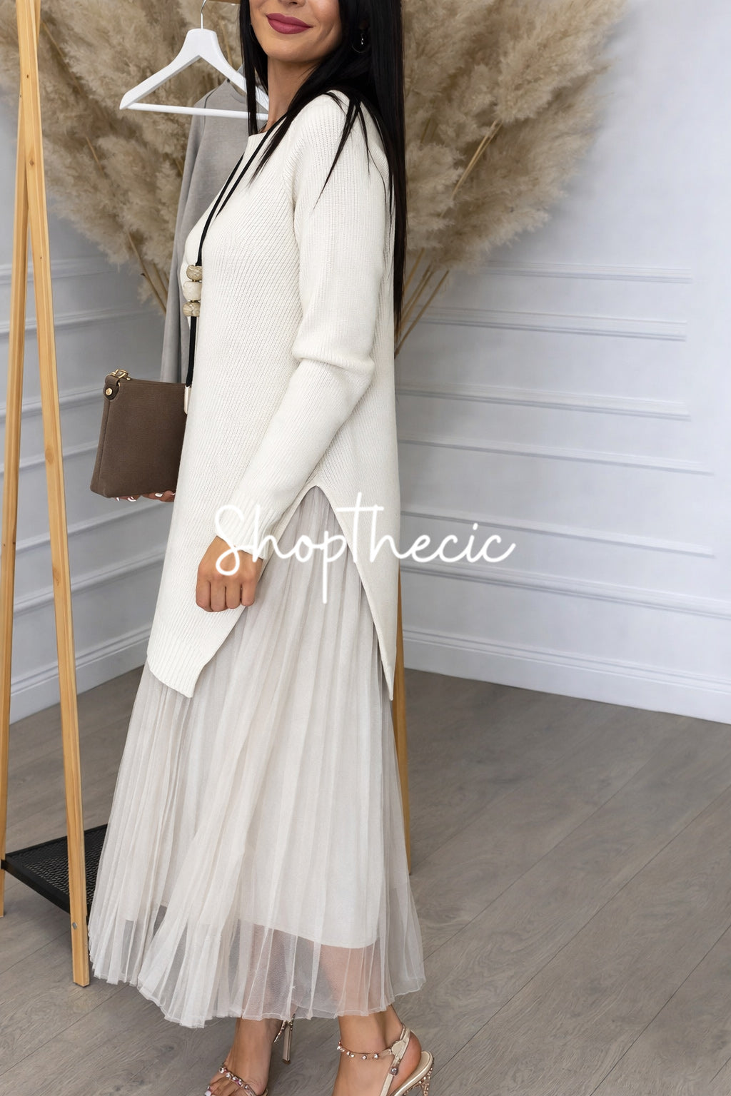 Irregular hem knit top and camisole mesh dress two-piece set